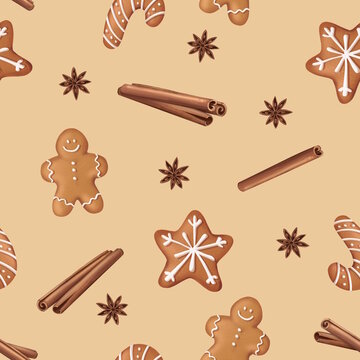 Gingerbread cookies and cinnamon Christmas seamless pattern hand-drawn illustration