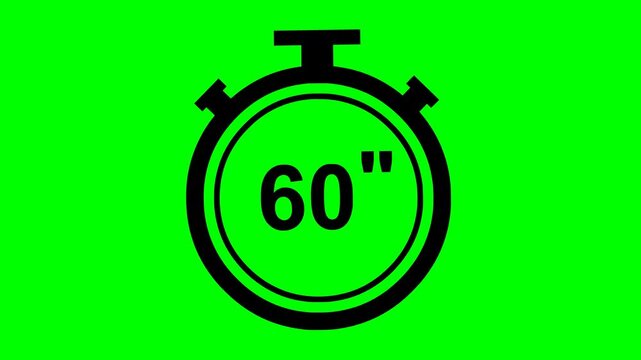 60 seconds stopwatch animation with black fill and no white fill. Green screen chroma key background ready for video editing and countdowns