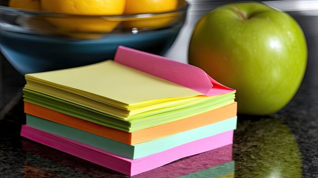 Colorful stack of post it notes on a reflective counter with blurred bowl of fruit in the background and a green apple beside