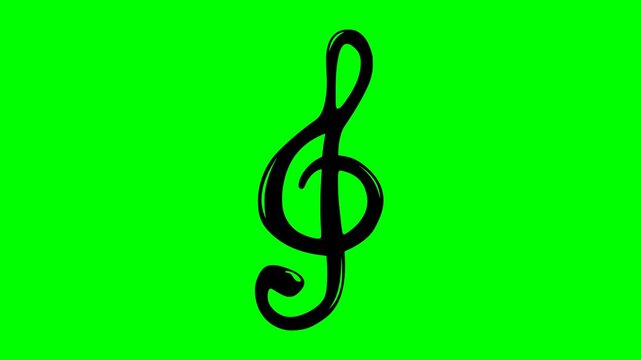 Animated black fill treble clef music note on chroma key green screen background
