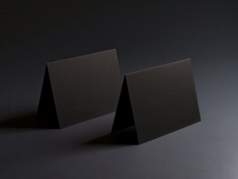 Two black stand-up cards on a dark surface showing a simple design and blank space for text or graphics