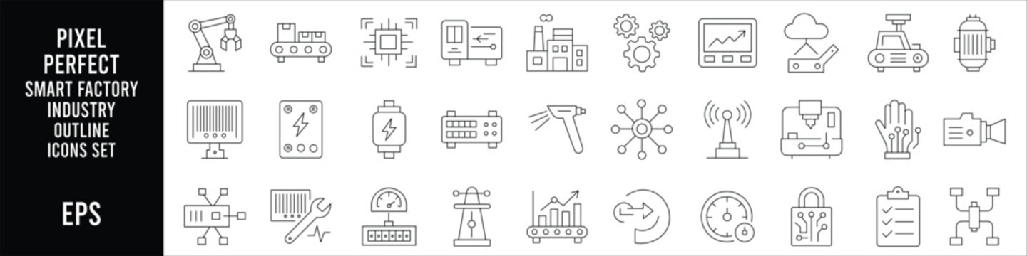 Minimal black and white smart factory outline icon set editable stroke pixel perfect monoline vector collection for industrial automation technology design
