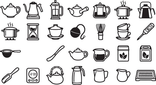 Set of black and white tea and coffee time equipment icons