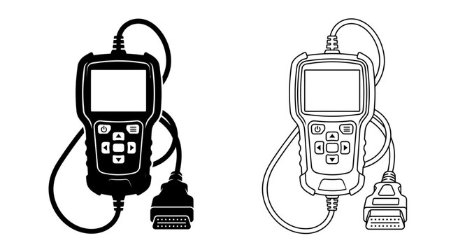 Automotive diagnostic tool with obd connector black and white line art