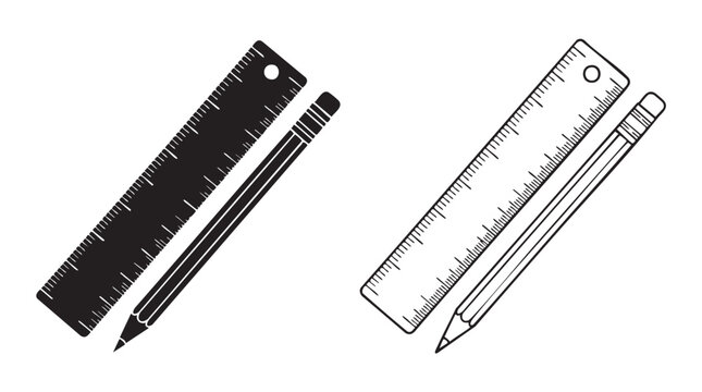 black silhouette with line art vector of ruler and pencil featuring drawing, tool