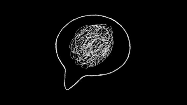 White, hand, drawn, speech, bubble, with, messy, scribble inside on, black, background, mental, health, confusion, concept, anxiety, and, depression, symbol, tangled, thoughts, animation.
