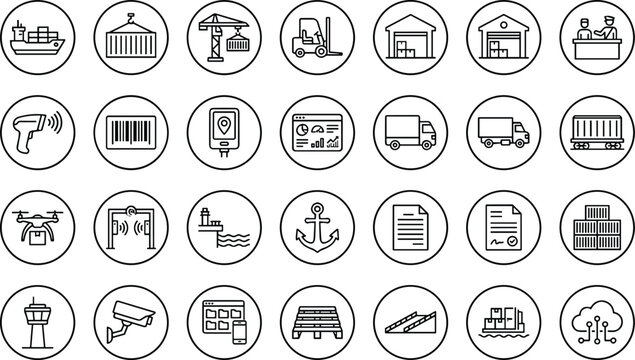 Maritime logistics line icons vector set with seaport shipping container freight and port terminal tracking signs isolated on white background