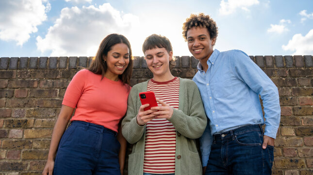 Three friends sharing smartphone against brick wall in casual summer outfits