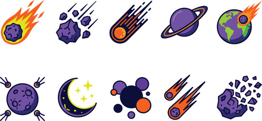 Space astronomy icons set featuring meteorites comets planets asteroids and celestial galaxy elements on white background © farida