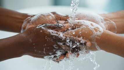 Fototapeta premium Two People Washing Hands Together Under Running Water