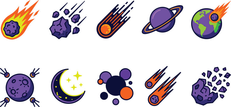 Space astronomy icons set featuring meteorites comets planets asteroids and celestial galaxy elements on white background