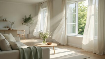 Fototapeta premium Bright Living Room with Sheer Curtains Blowing in Breeze