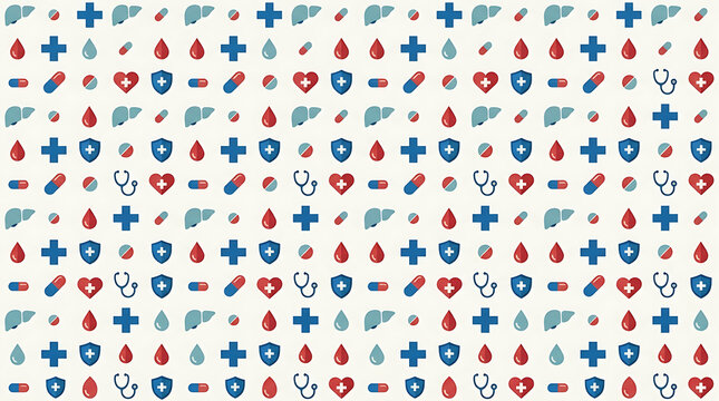 Seamless medical icon pattern for healthcare and wellness designs featuring blood drops hearts and medication symbols
