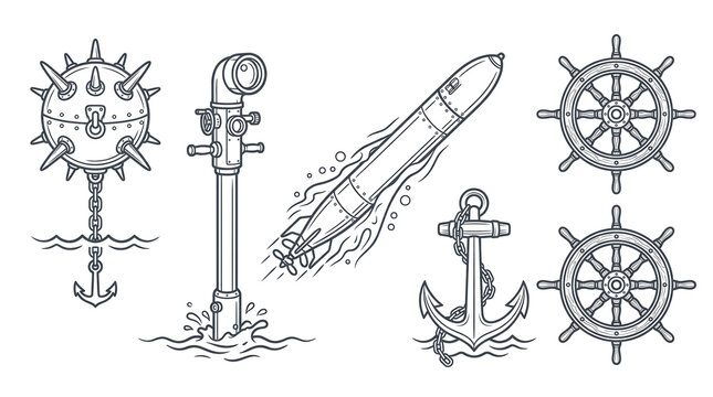 World War I naval warfare elements retro line art vector icon set