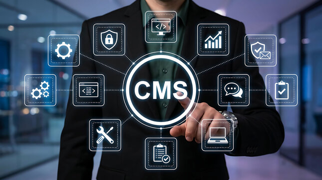Businessman pressing CMS content management system option on digital screen