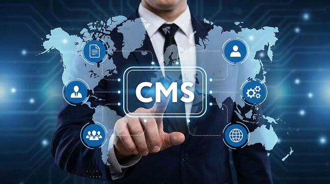 Businessman pointing at CMS content management system icon on global world map