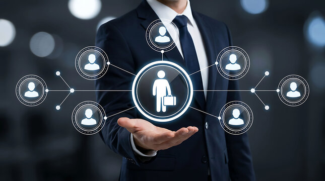 Businessman presenting digital human resource network icon for team recruitment