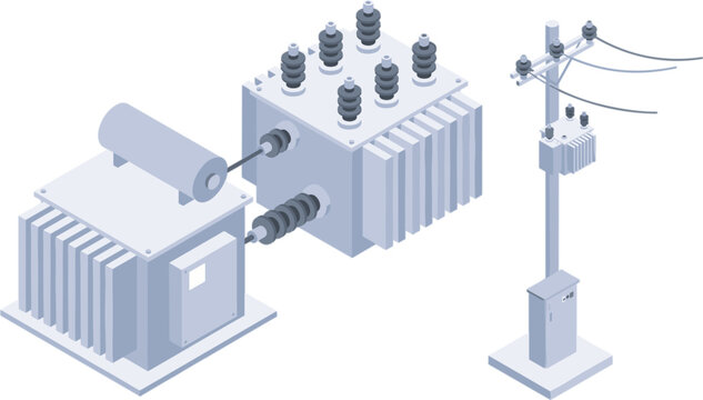 Isometric electrical transformer and utility pole collection, power distribution equipment vector illustration for energy infrastructure engineering design