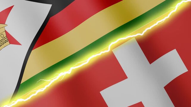 Two waving flags Zimbabwe and Switzerland with diagonal lightning seamless, 4k loop
