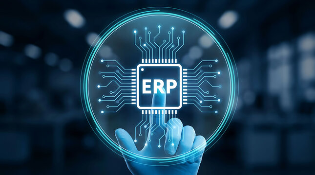 Hand touching ERP microchip icon for enterprise resource planning concept