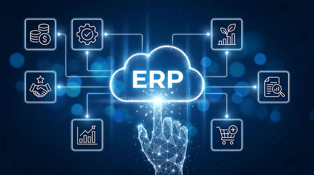 Digital hand touching cloud ERP icon for enterprise resource planning concept