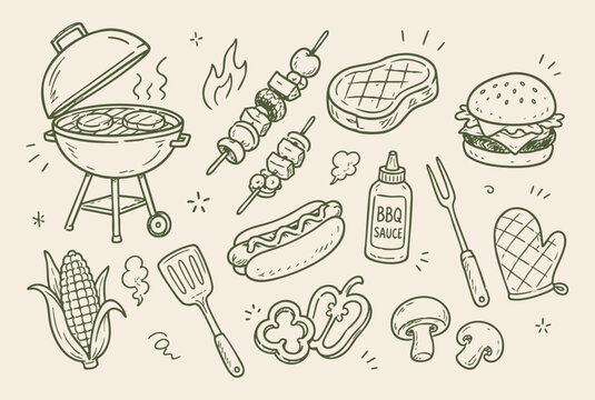 Barbecue grill and outdoor cookout doodle vector illustration with hand drawn BBQ food icons