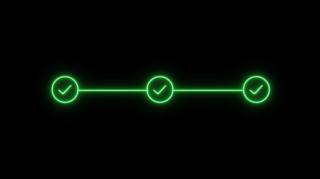 Glowing neon green progress bar animation with three sequential checkmarks appearing on a dark background, for user interface, task completion, successful, workflow, and digital, process tracking