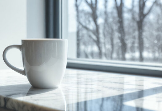 Minimalist white cup on a marble windowsill with a view of a winter landscape, serene coffee break concept