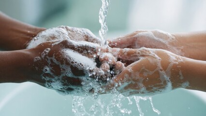 Fototapeta premium Two People Washing Hands Together Under Running Water