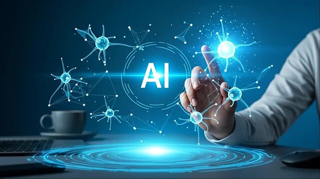 Artificial intelligence glowing holographic user interface interacting with human hand in this dynamic digital motion video footage for modern technology