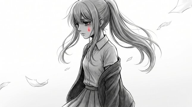 Young anime girl crying with red tears in monochrome illustration. Sad female character portrait with flowing silver hair and emotional expression...