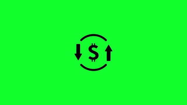 Dollar currency sign icon with up and down moving arrows loop animation on green background. Moving cost symbol dollar increase and decrease icon for financial market trends and currency volatility