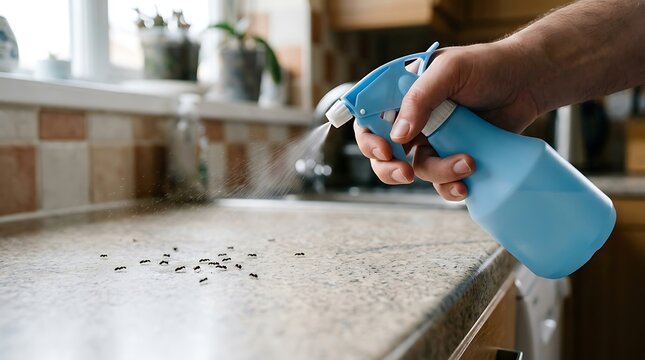 Close up of a hand using a blue spray bottle to eliminate ants on a kitchen countertop for pest control and home cleaning maintenance concept