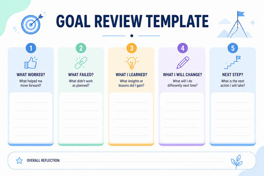 A goal review template is displayed, providing five sections for reflection on past performance and future planning.