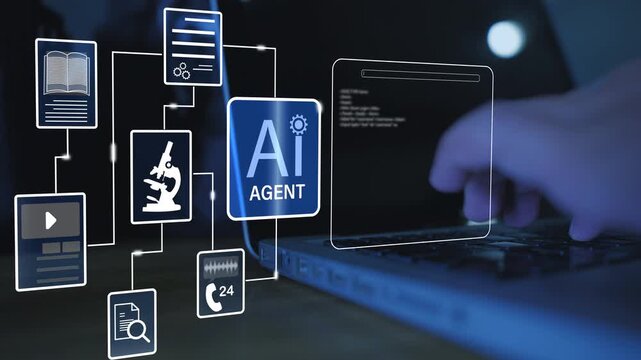 Hand typing on laptop with AI Agent interface screen, smart automation workflow network, global digital database system, future artificial intelligence concept.