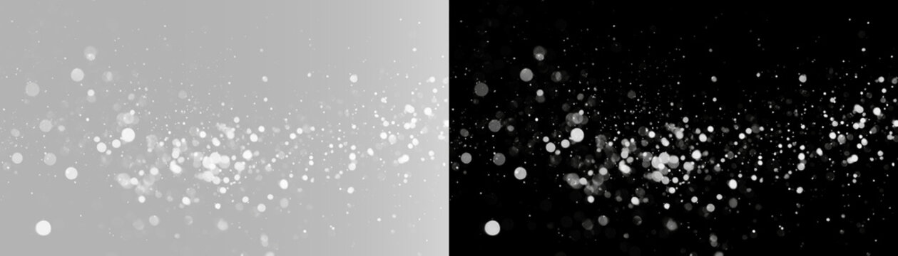 Cinematic dark shimmering dots backdrop, floating bokeh particles shiny sequin on transparent and black background, abstract luxury glitter dust overlay