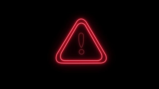 Glowing red neon warning sign symbol pulsing on dark background, digital alert for cybersecurity, system error notification, industrial safety hazard indicator, motion animation