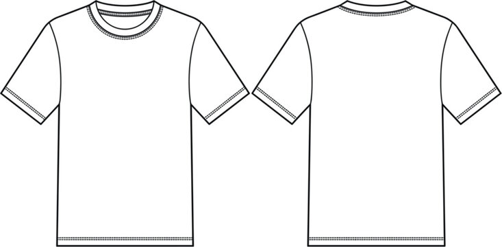 Front and back t-shirt mockup template, blank short sleeve apparel outline vector illustration isolated on white background