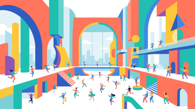 A vibrant, colorful illustration showcasing a bustling modern city interior with numerous diverse people engaging in various activities like dancing and running.