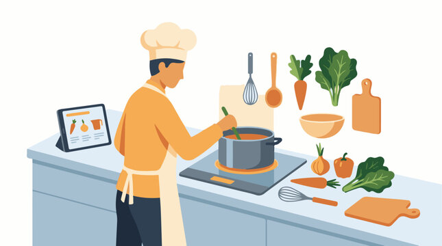 A chef in an orange shirt and white apron cooks in a kitchen