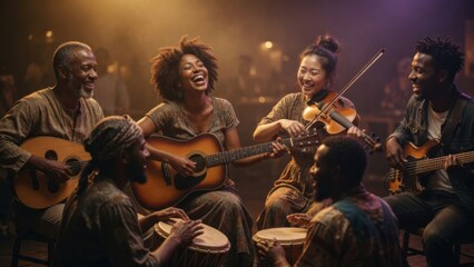 Fototapeta premium Diverse Multicultural Musicians Playing Instruments Together at Night