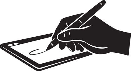 A minimalist silhouette of a digital artist's hand using a graphic tablet stylus to draw on a responsive surface. The clean black shape stands out sharply against a sterile white background © Hasher