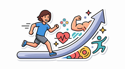 Fototapeta premium A cartoon woman runs up a large arrow surrounded by symbols of fitness and health