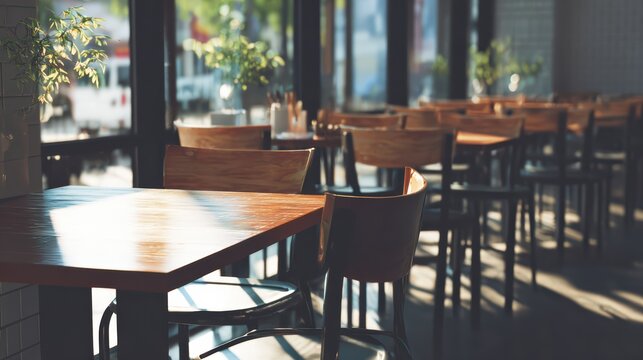 casual dining restaurant empty, clean wooden tables, bright interior, natural daylight, ultra realistic 8k