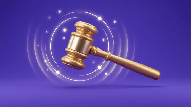 Dynamic 3D illustration of a metallic golden judge gavel floating amidst glowing sonic ripples on a purple background
