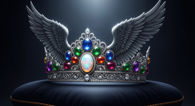 Royal silver crown with colorful gemstones and wings on a dark pillow