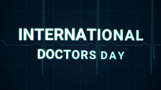 International Doctors Day text with neon glow and heartbeat ECG waveform grid concept celebrating medical profession, healthcare service, physician recognition, and clinical excellence.