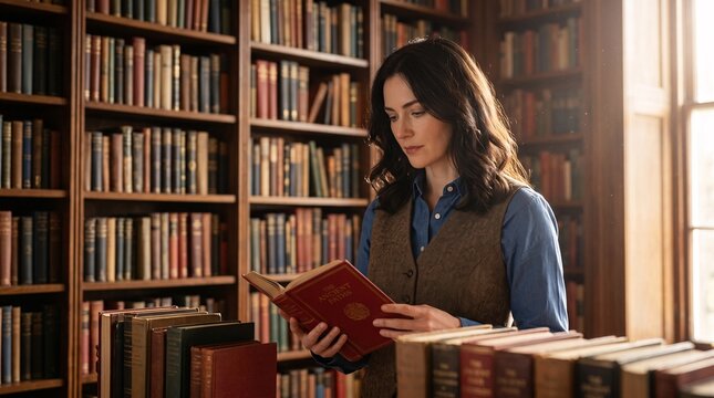 Thoughtful woman deeply engrossed in an old book within a traditional academic library.