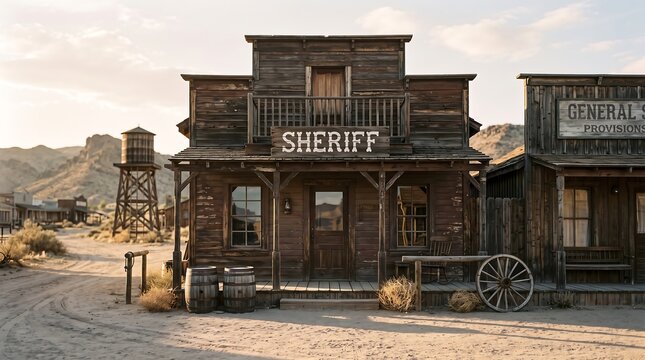 A rustic wooden sheriff's office stands in a dusty Wild West town, complete with barrels, a wagon wheel, and a water tower under a soft evening sky. (160 characters)