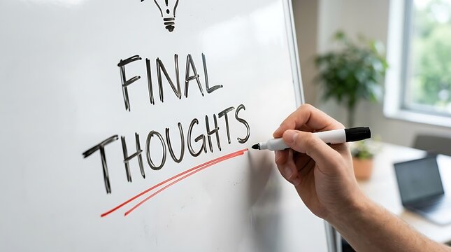 Hand writing final thoughts on a white board with a black marker in a bright office environment during a business meeting session